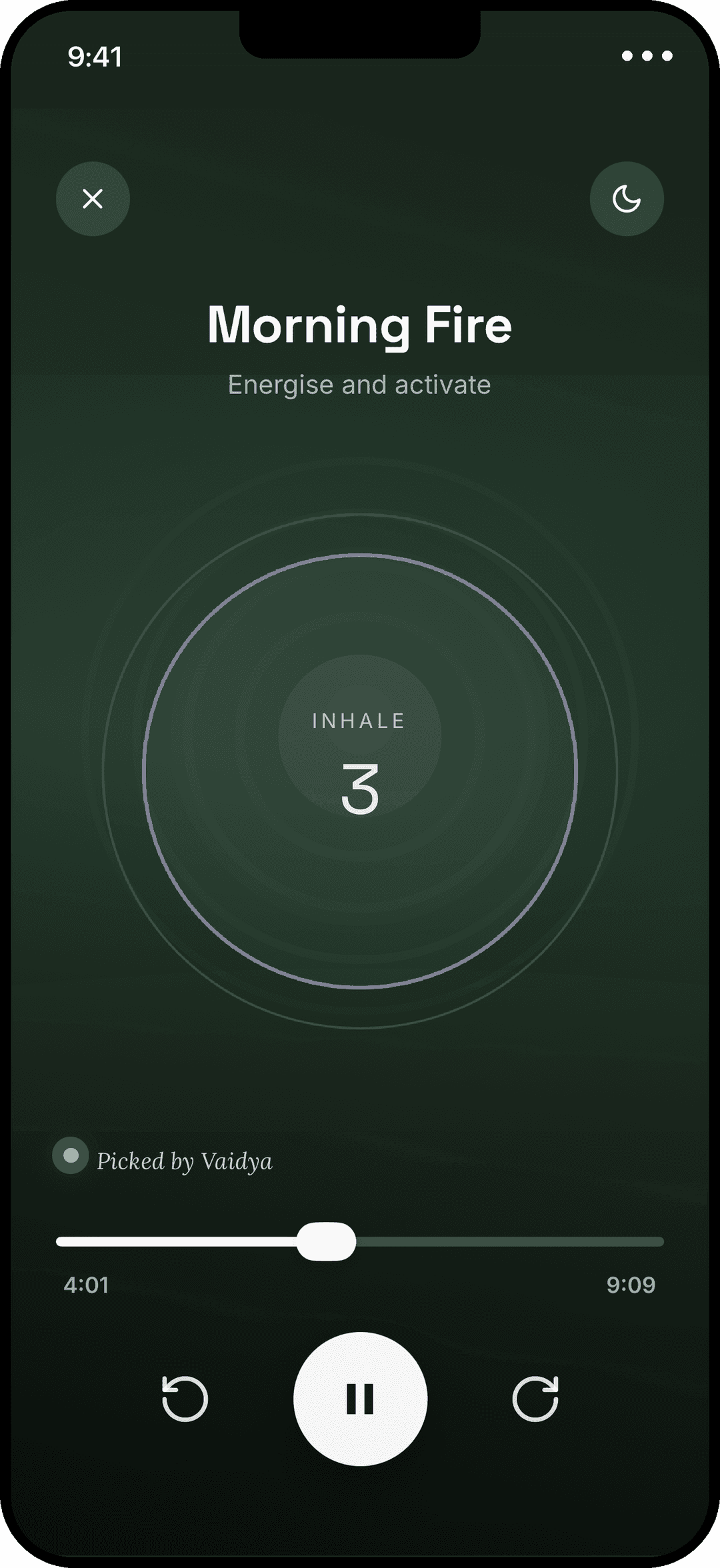 The InnerVeda breathing player — Morning Fire, an energising practice picked by Vaidya, with a breath-paced ring