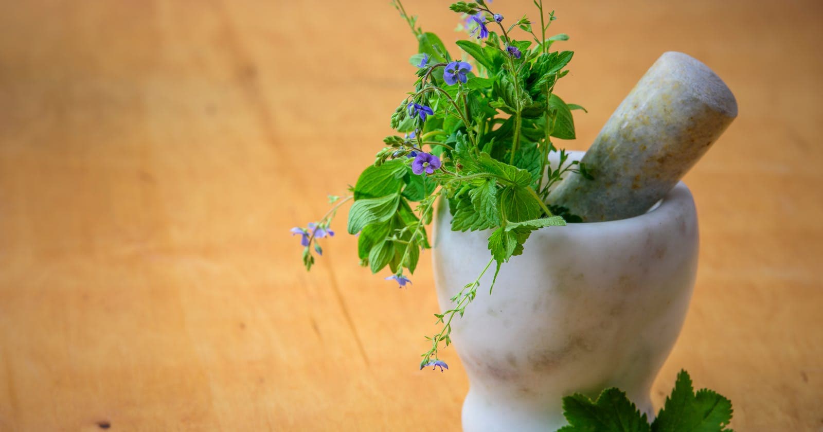 Mortar and pestle on a wooden table — Ayurveda's working vocabulary