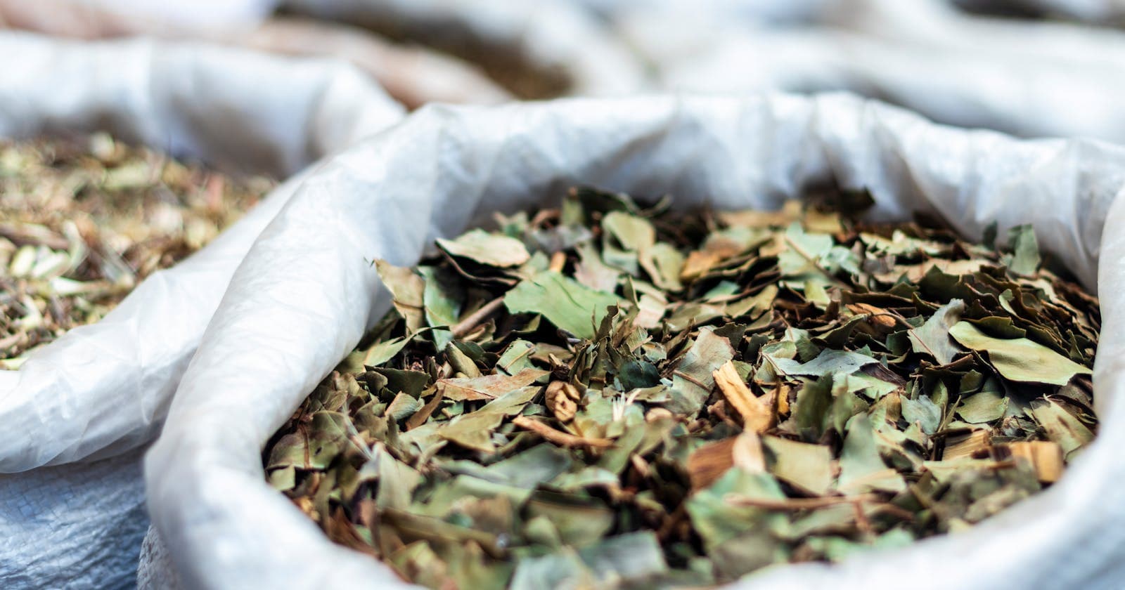 Bags of dried herbal leaves at a market, the kind of raw herbs that go into triphala