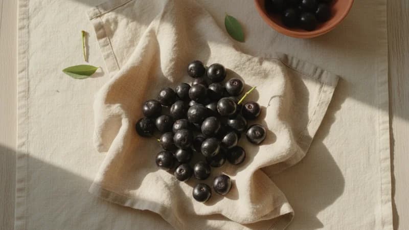 Acai Berry (Acai Phala) — whole and prepared form, top-down still life