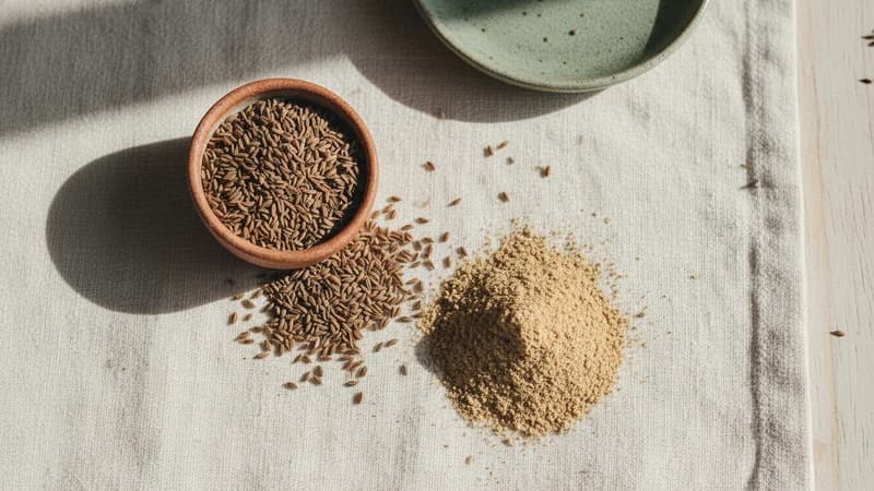Ajwain (Carom Seeds) (Yavani) — whole and prepared form, top-down still life