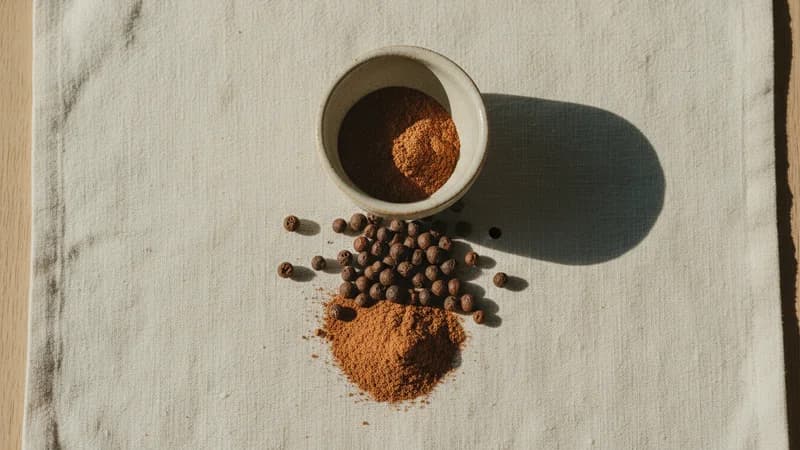 Allspice (Sarvamasala) — whole and prepared form, top-down still life