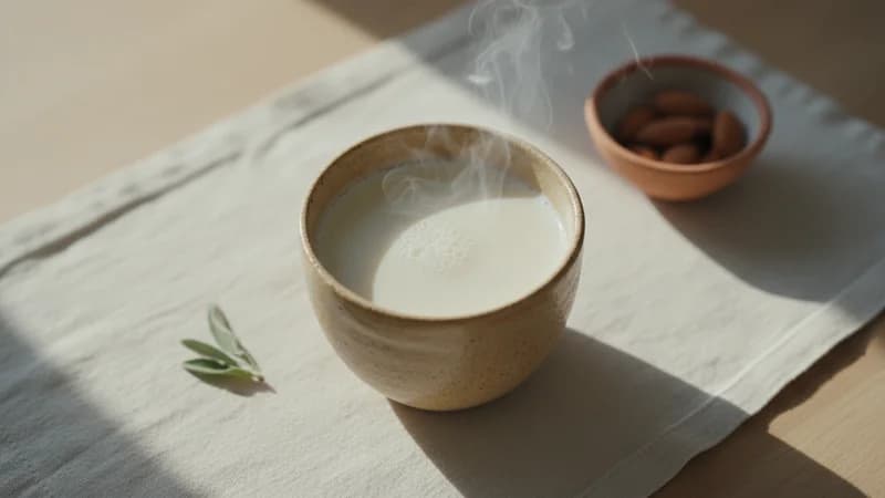 Almond Milk (Badam Ksheera) — whole and prepared form, top-down still life