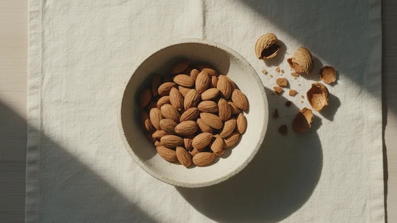 Almonds (Vatada) — whole and prepared form, top-down still life