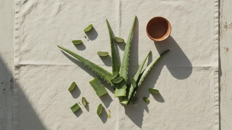 Aloe Vera (Kumari) — whole and prepared form, top-down still life