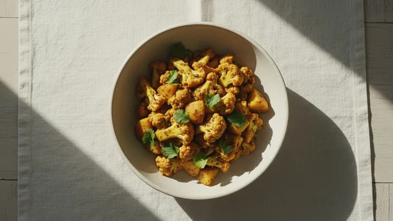 Aloo Gobi (Aluka Pushpashaka) — whole and prepared form, top-down still life