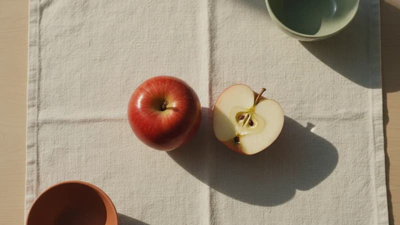Apple (Seb) — whole and prepared form, top-down still life