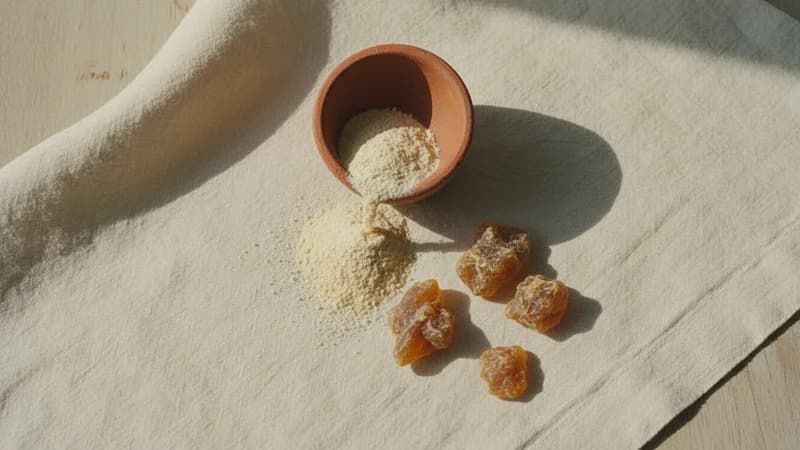 Asafoetida (Hing) (Hingu) — whole and prepared form, top-down still life