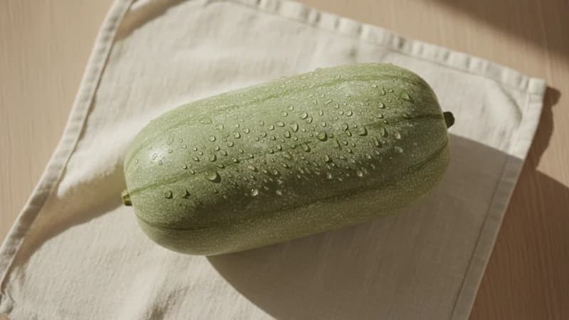 Ash Gourd (Kushmanda) — whole and prepared form, top-down still life