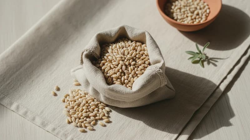Barley (Yava) — whole and prepared form, top-down still life