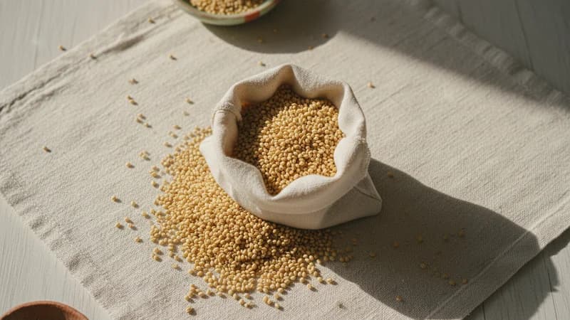Barnyard Millet (Sanwa) — whole and prepared form, top-down still life