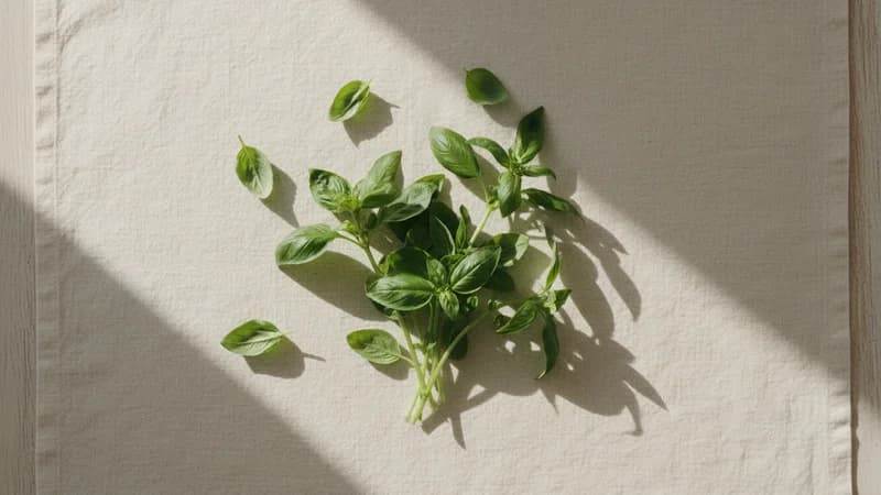 Basil (Barbari) — whole and prepared form, top-down still life