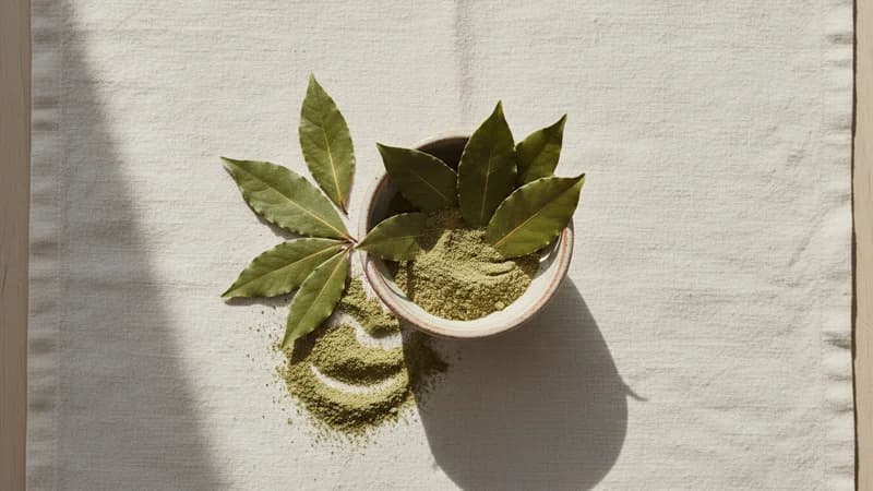 Bay Leaf (Tejapatra) — whole and prepared form, top-down still life