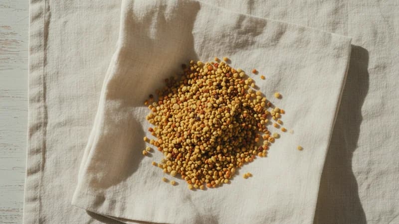 Bee Pollen (Madhukara Paraga) — whole and prepared form, top-down still life