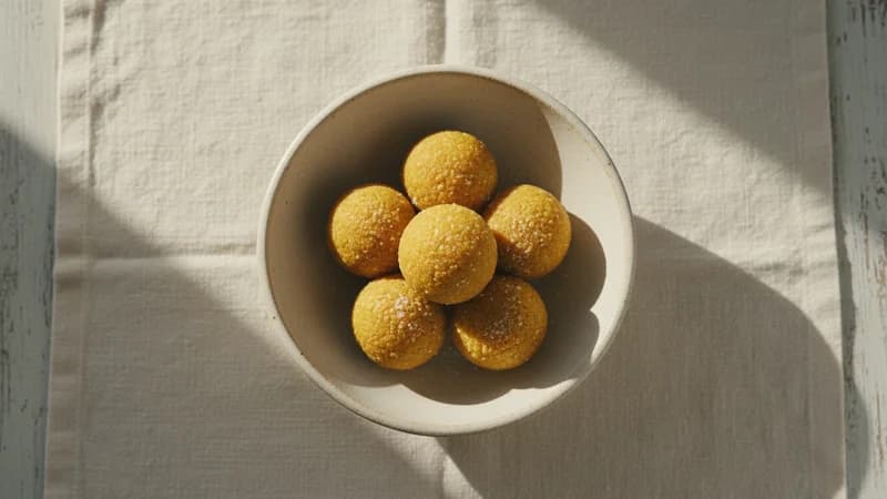 Besan Ladoo (Chanaka Laddu) — whole and prepared form, top-down still life