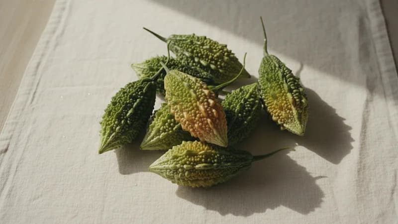 Bitter Gourd (Karavellaka) — whole and prepared form, top-down still life