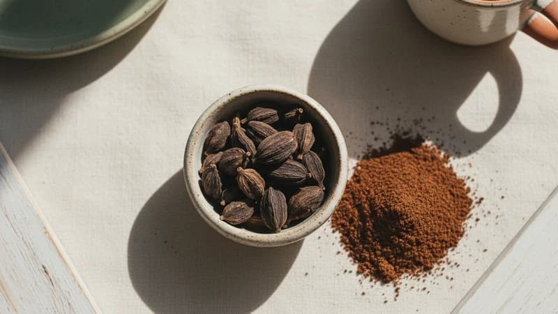 Black Cardamom (Brihat Ela) — whole and prepared form, top-down still life