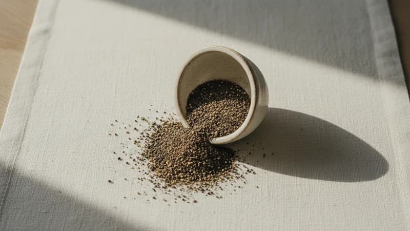 Black Pepper (Maricha) — whole and prepared form, top-down still life