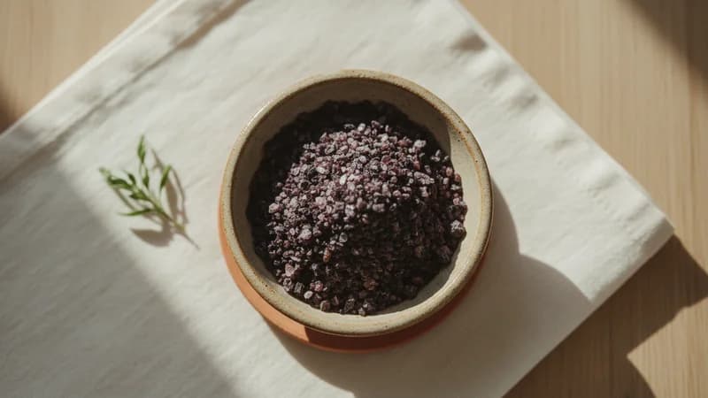 Black Salt (Kala Namak) (Krishna Lavana) — whole and prepared form, top-down still life