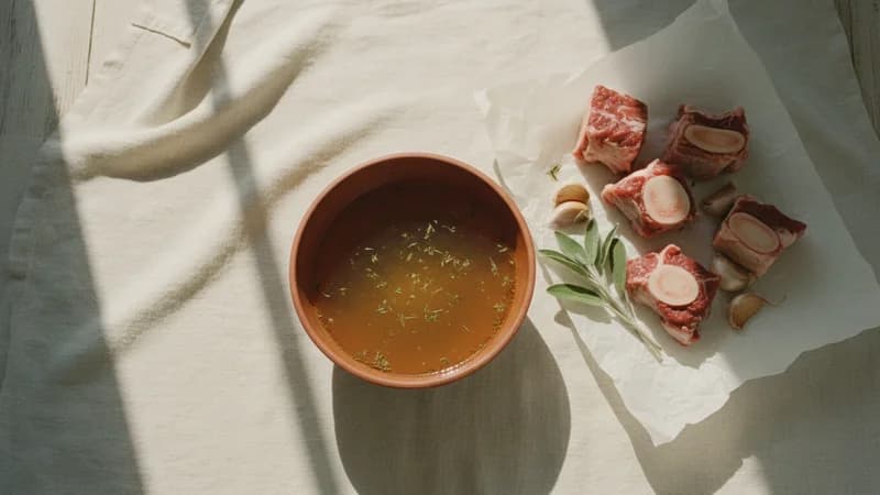 Bone Broth (Asthi Rasa) — whole and prepared form, top-down still life
