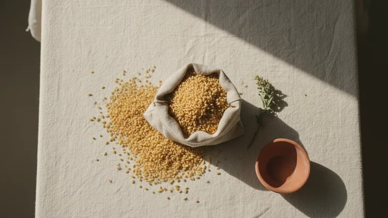 Bulgur Wheat (Dalia) — whole and prepared form, top-down still life