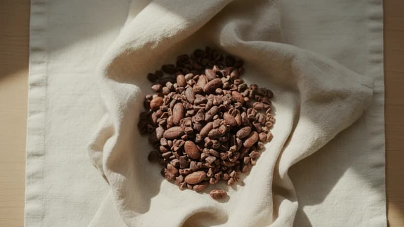 Cacao Nibs (Kakao) — whole and prepared form, top-down still life