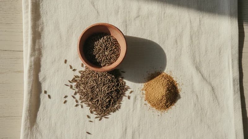 Caraway Seeds (Krishna Jiraka) — whole and prepared form, top-down still life