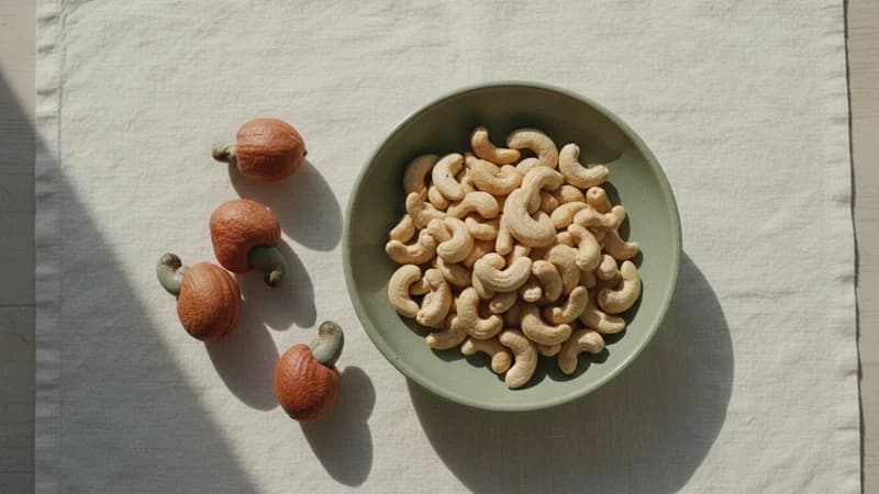 Cashews (Kaju) — whole and prepared form, top-down still life