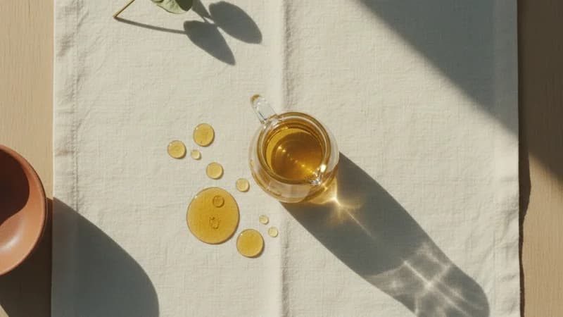 Castor Oil (Eranda Taila) — whole and prepared form, top-down still life