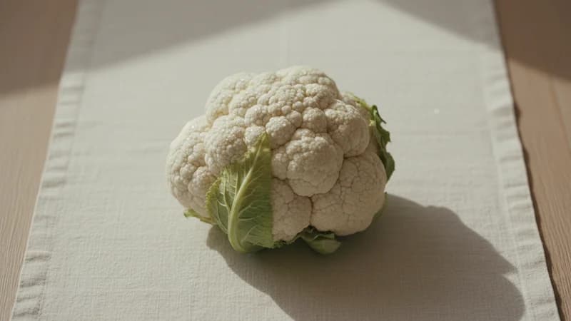Cauliflower (Pushpashaka) — whole and prepared form, top-down still life