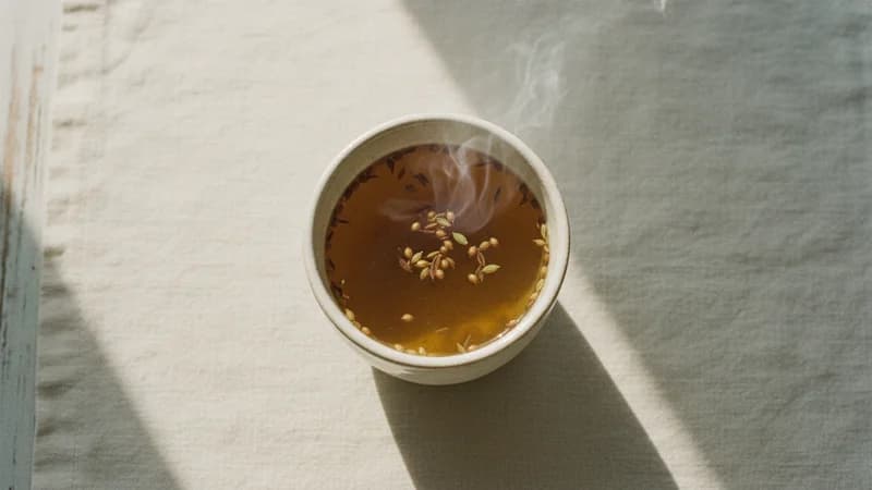 CCF Tea (Cumin-Coriander-Fennel) (Jiraka-Dhanyaka-Shatapushpa Kashaya) — whole and prepared form, top-down still life