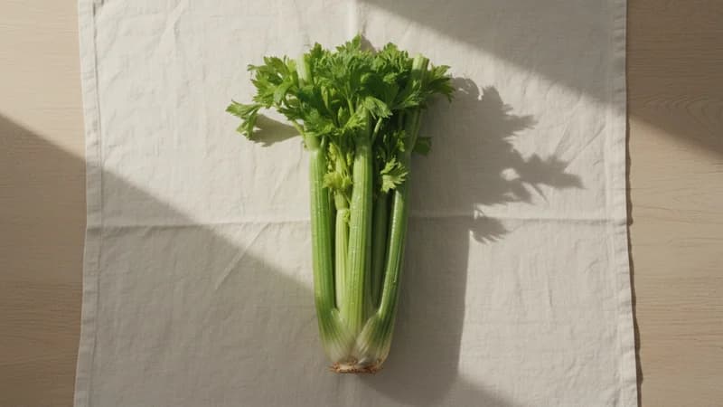 Celery (Ajmoda Patra) — whole and prepared form, top-down still life