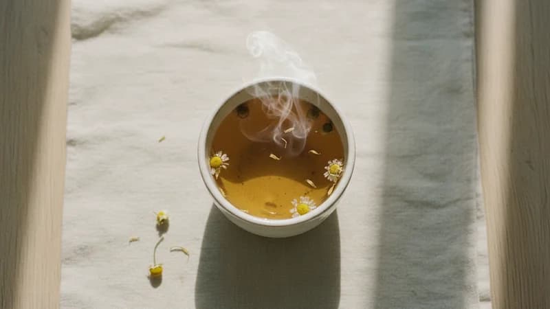 Chamomile Tea (Babune Chaya) — whole and prepared form, top-down still life