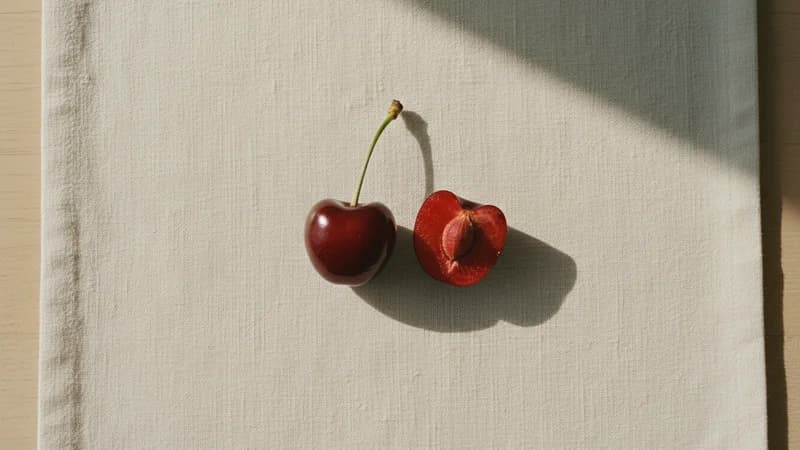 Cherry (Gilaas) — whole and prepared form, top-down still life