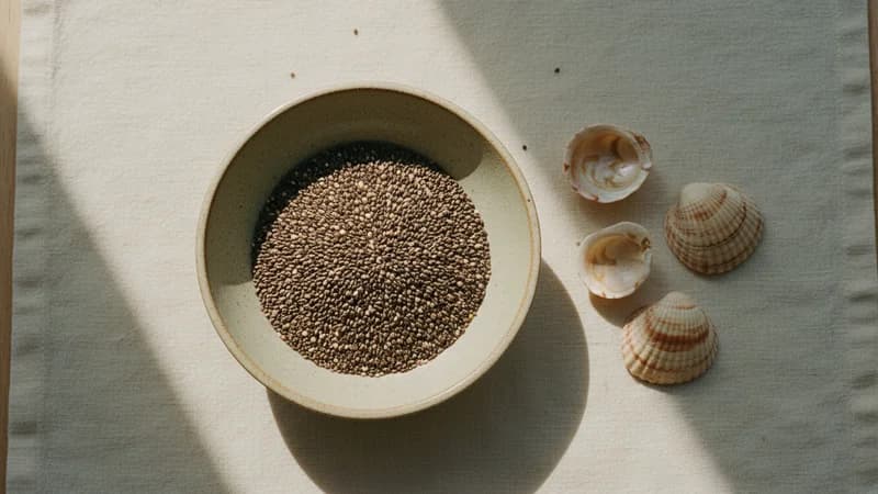Chia Seeds (Chiya Bija) — whole and prepared form, top-down still life