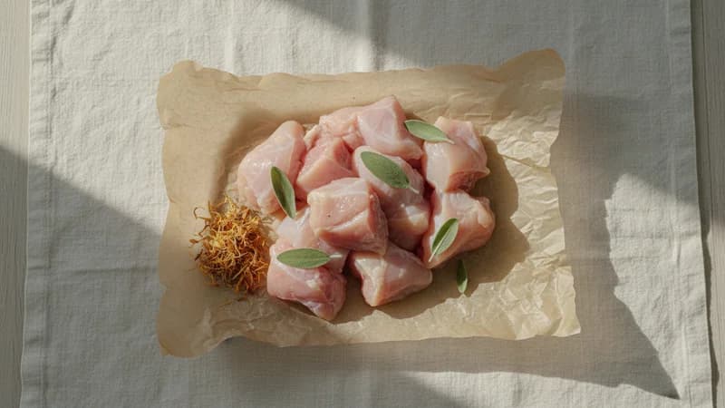 Chicken (Kukkuta) — whole and prepared form, top-down still life