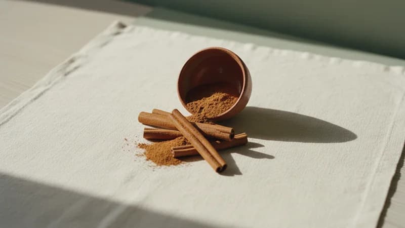 Cinnamon (Tvak) — whole and prepared form, top-down still life