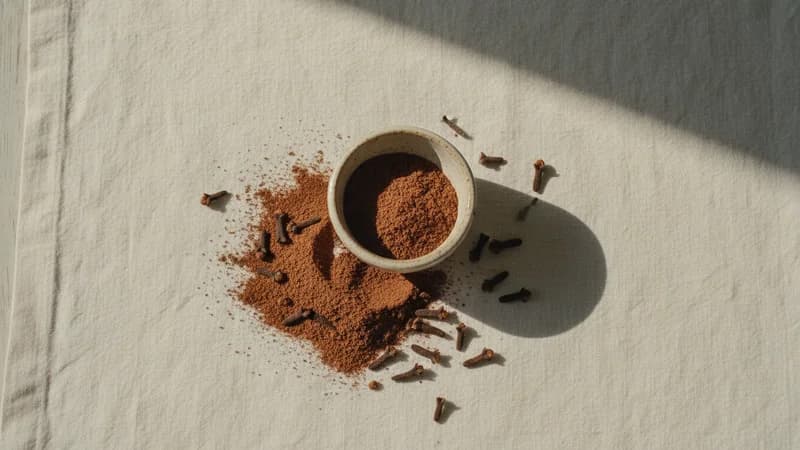Clove (Lavanga) — whole and prepared form, top-down still life