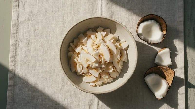 Coconut Flakes (Narikela Khanda) — whole and prepared form, top-down still life