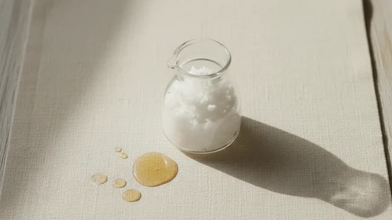 Coconut Oil (Narikela Taila) — whole and prepared form, top-down still life