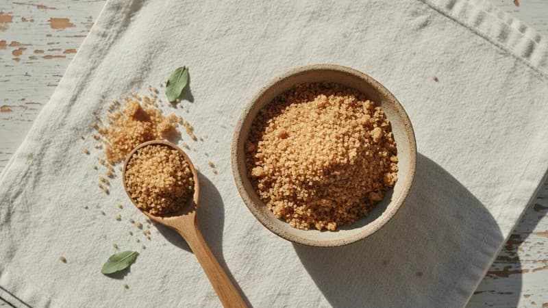 Coconut Sugar (Narikela Sharkara) — whole and prepared form, top-down still life