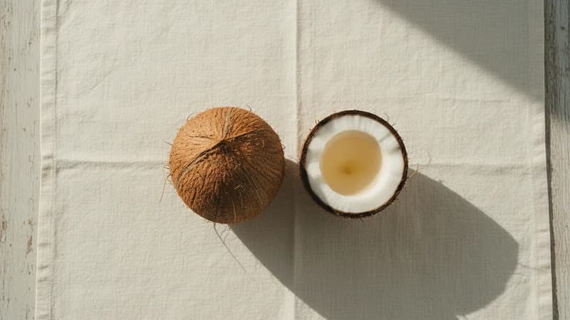 Coconut (Narikela) — whole and prepared form, top-down still life