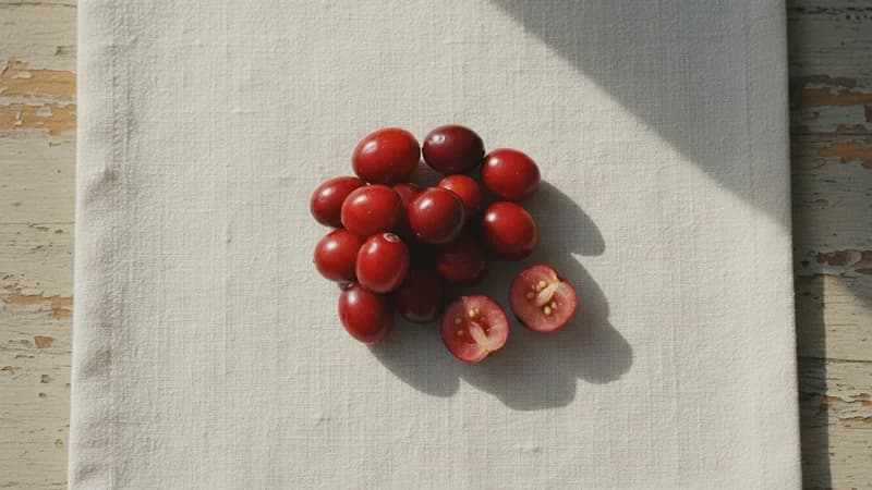Cranberry (Karonda) — whole and prepared form, top-down still life