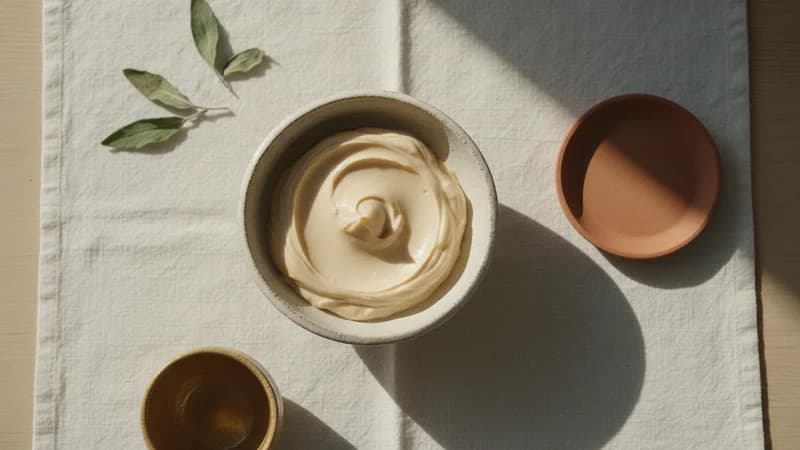 Cream (Santanika) — whole and prepared form, top-down still life