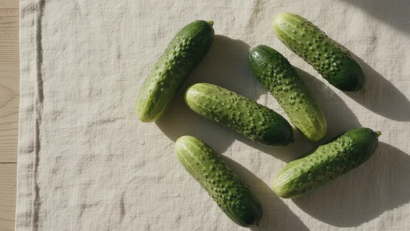 Cucumber (Trapusha) — whole and prepared form, top-down still life