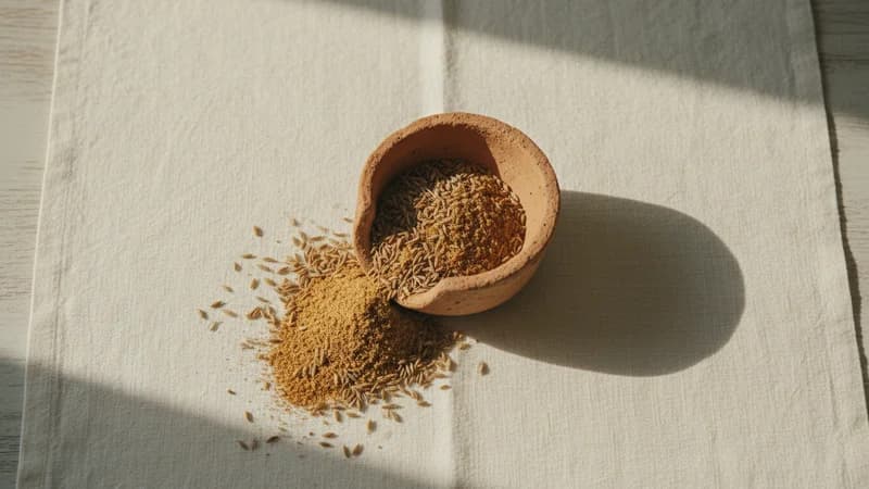 Cumin (Jiraka) — whole and prepared form, top-down still life