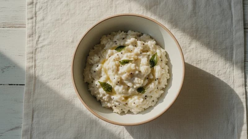 Curd Rice (Dadhi Anna) — whole and prepared form, top-down still life