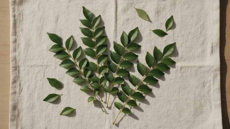 Curry Leaves (Surabhinimba) — whole and prepared form, top-down still life
