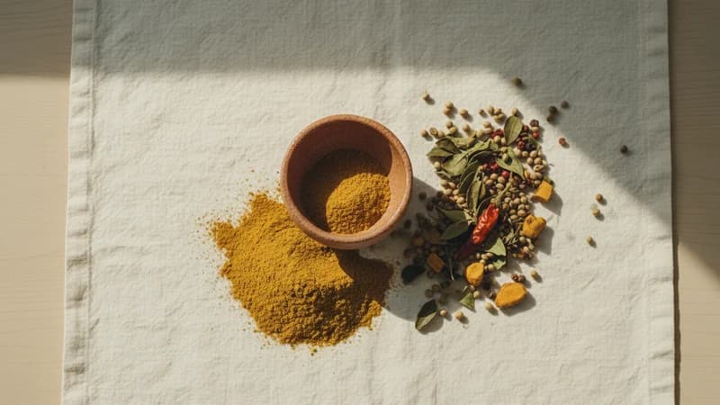 Curry Powder (Masala Churna) — whole and prepared form, top-down still life
