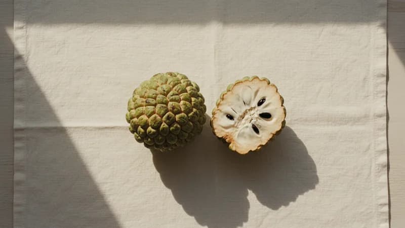 Custard Apple (Sitaphala) — whole and prepared form, top-down still life